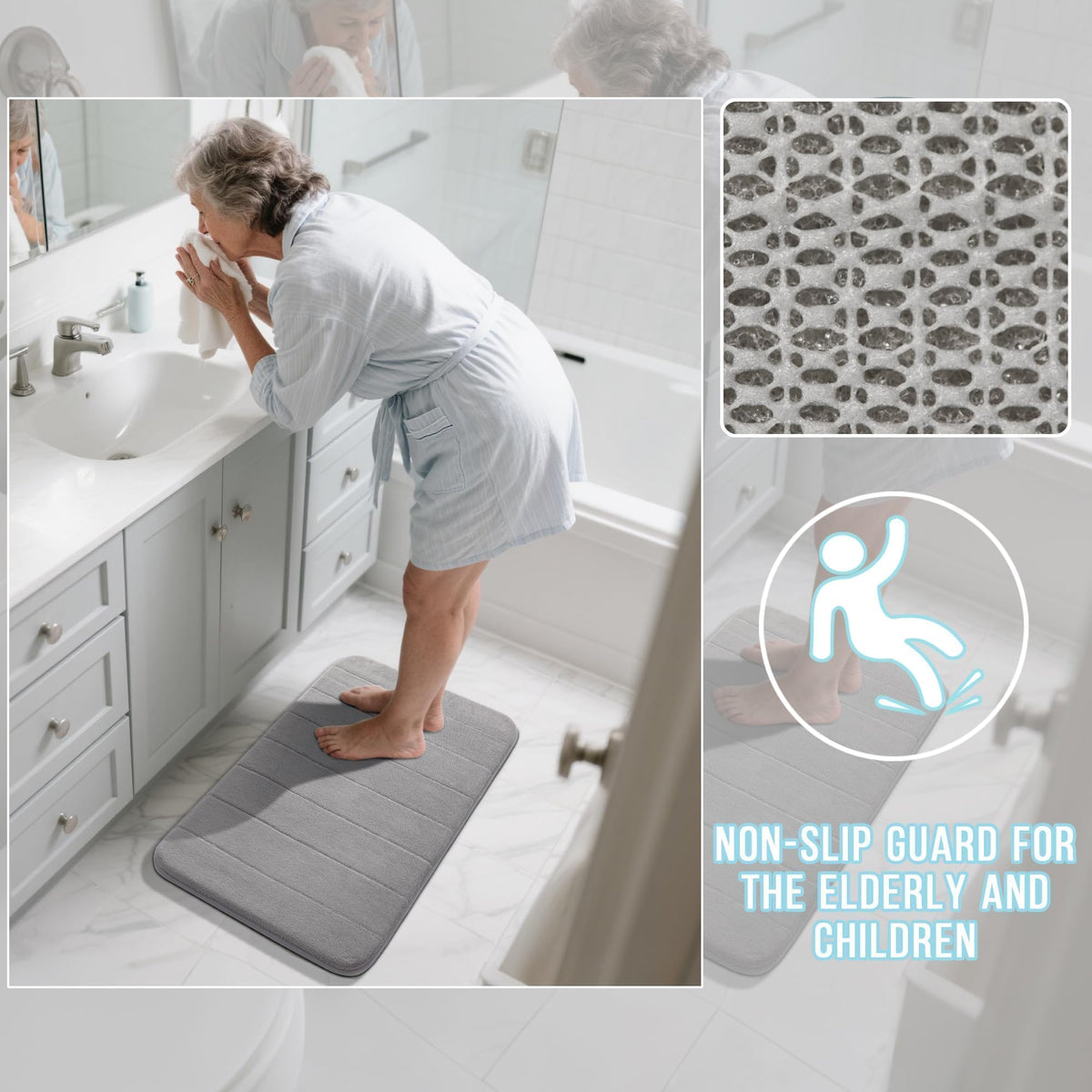 Yimobra memory foam bath mat set machine-washable gray for easy cleaning.
