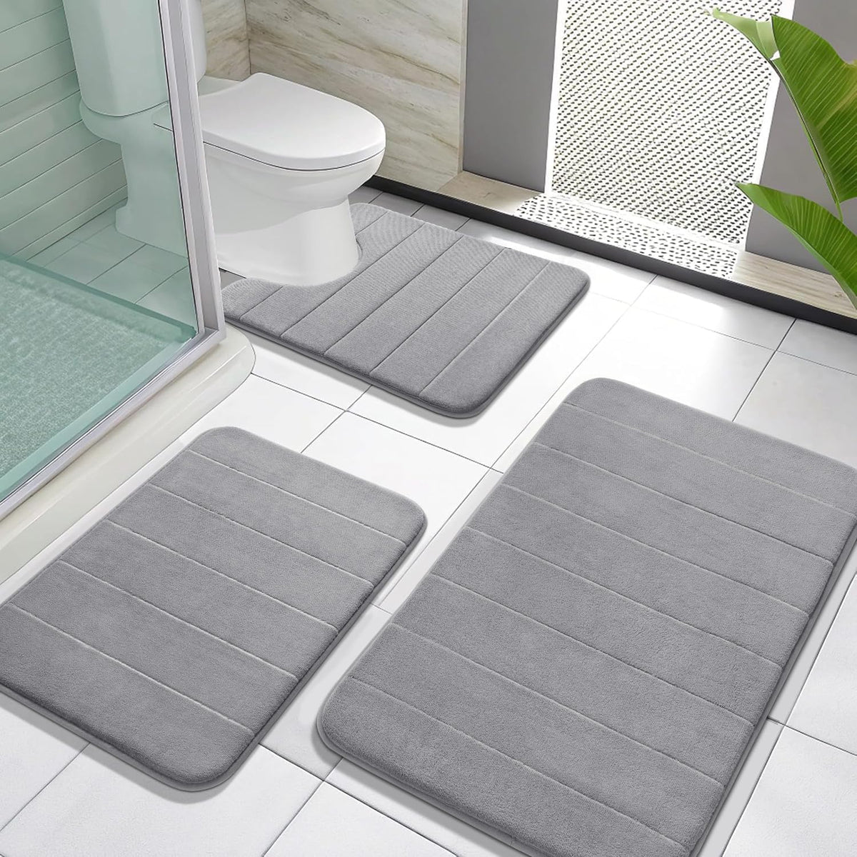 Yimobra memory foam bath mat set with toilet mat gray offers plush comfort and quick-dry action.
