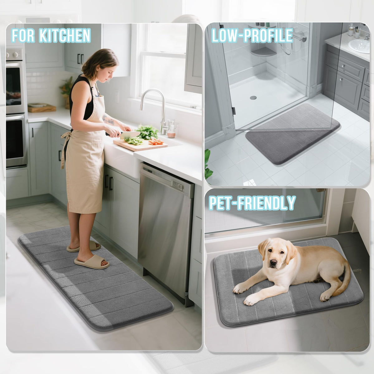 Yimobra memory foam bath mat set quick-dry gray keeps floors dry after showers.
