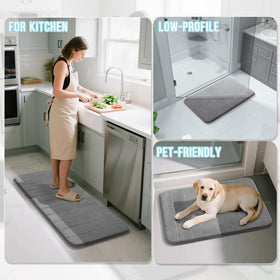 Yimobra memory foam bath mat set quick-dry gray keeps floors dry after showers.