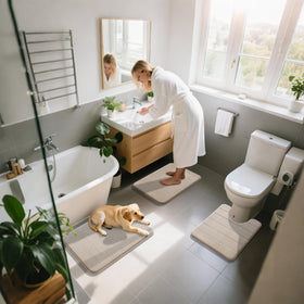Yimobra beige-memory-foam mat-set adds warmth and style to any bathroom