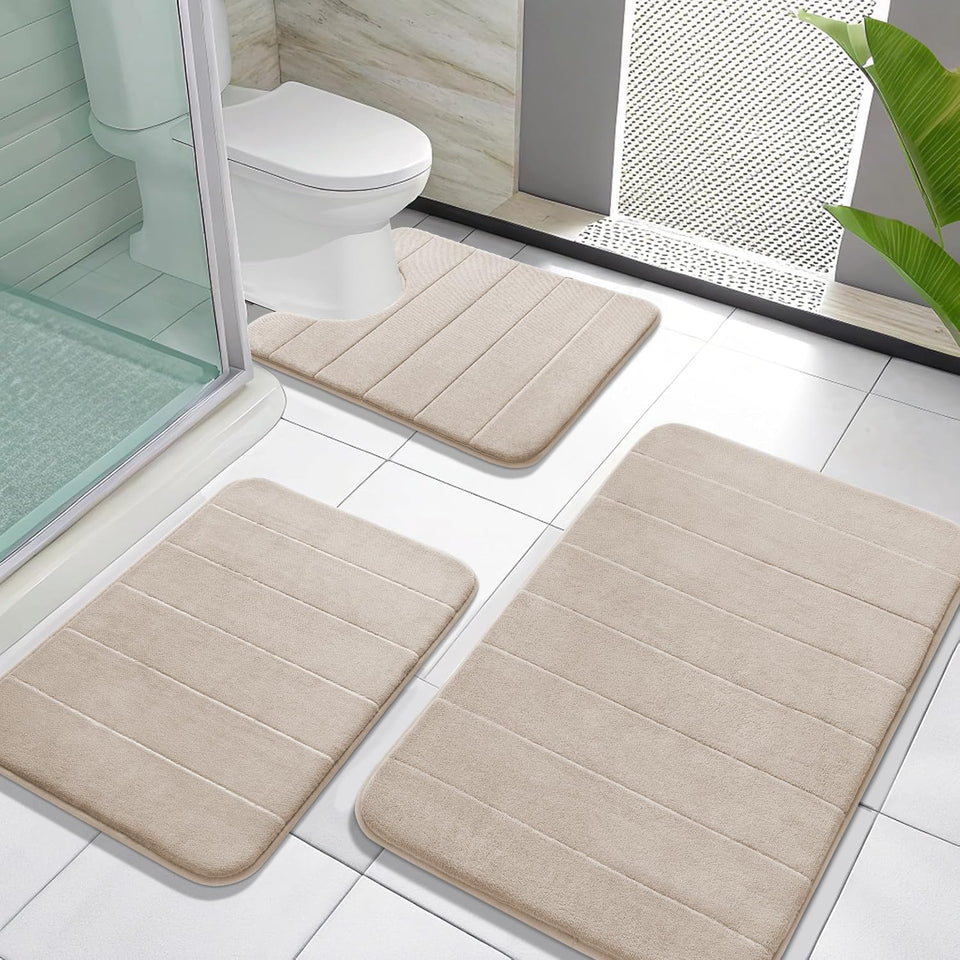Yimobra memory foam toilet-mat set maintains warmth and comfort for bare feet after showers
