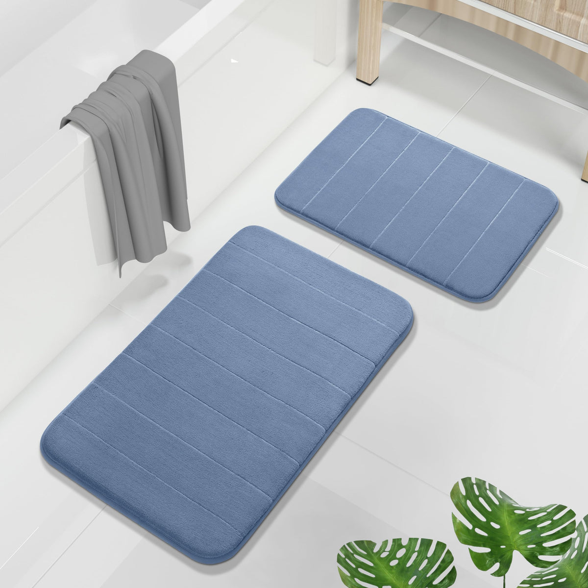 Yimobra memory foam bath rug large denim blue with plush comfort and non-slip backing.