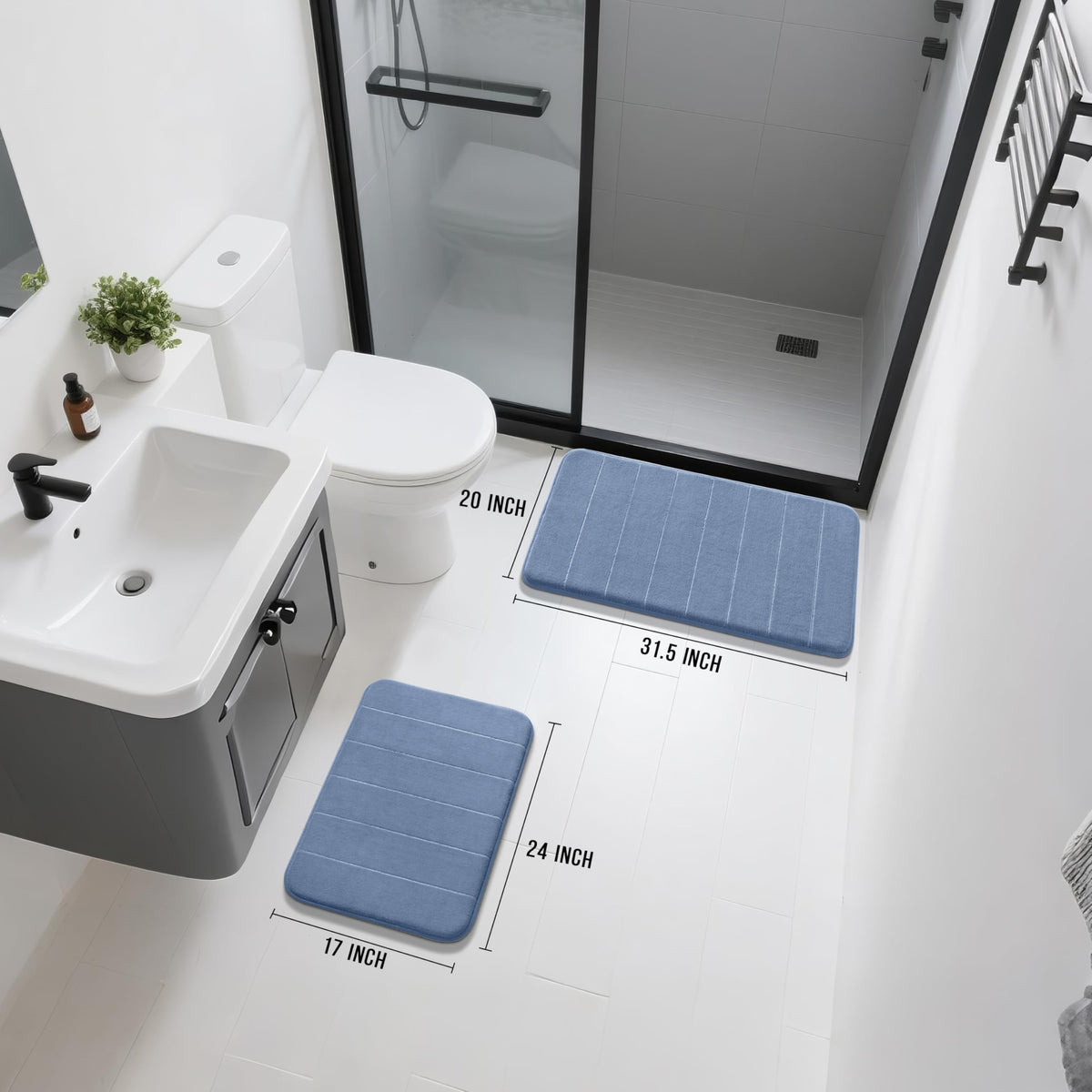 Yimobra memory foam bath rug small denim blue near the sink for foot comfort.