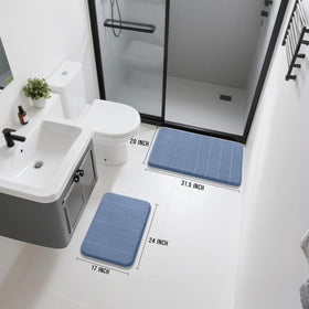 Yimobra memory foam bath rug small denim blue near the sink for foot comfort.