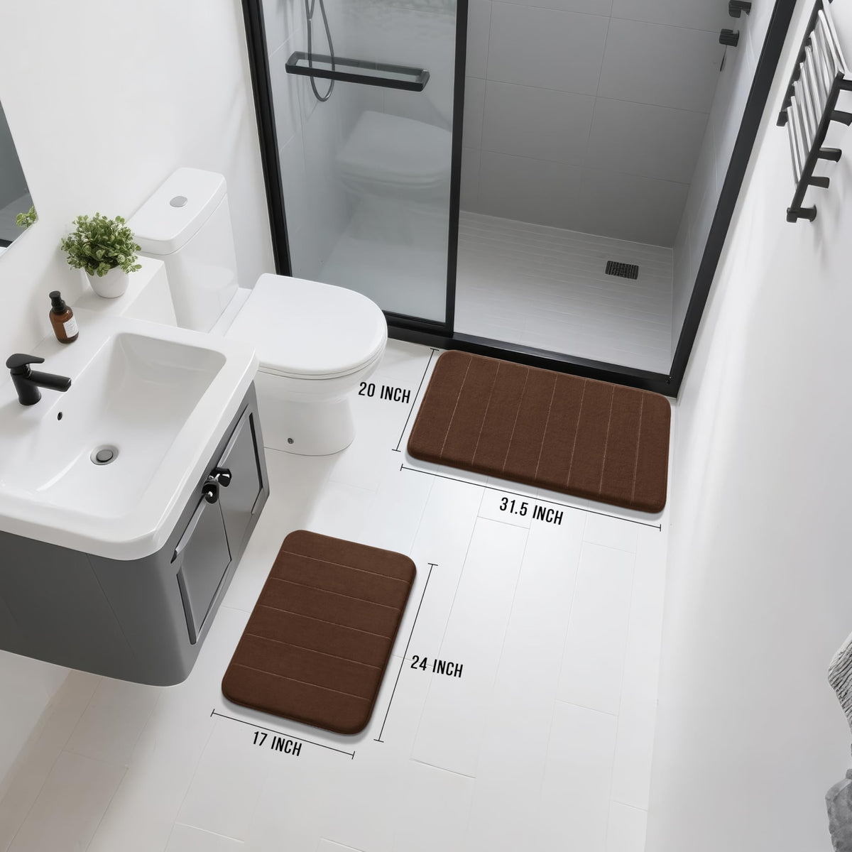 Yimobra memory foam bath rug set small front view by sink.