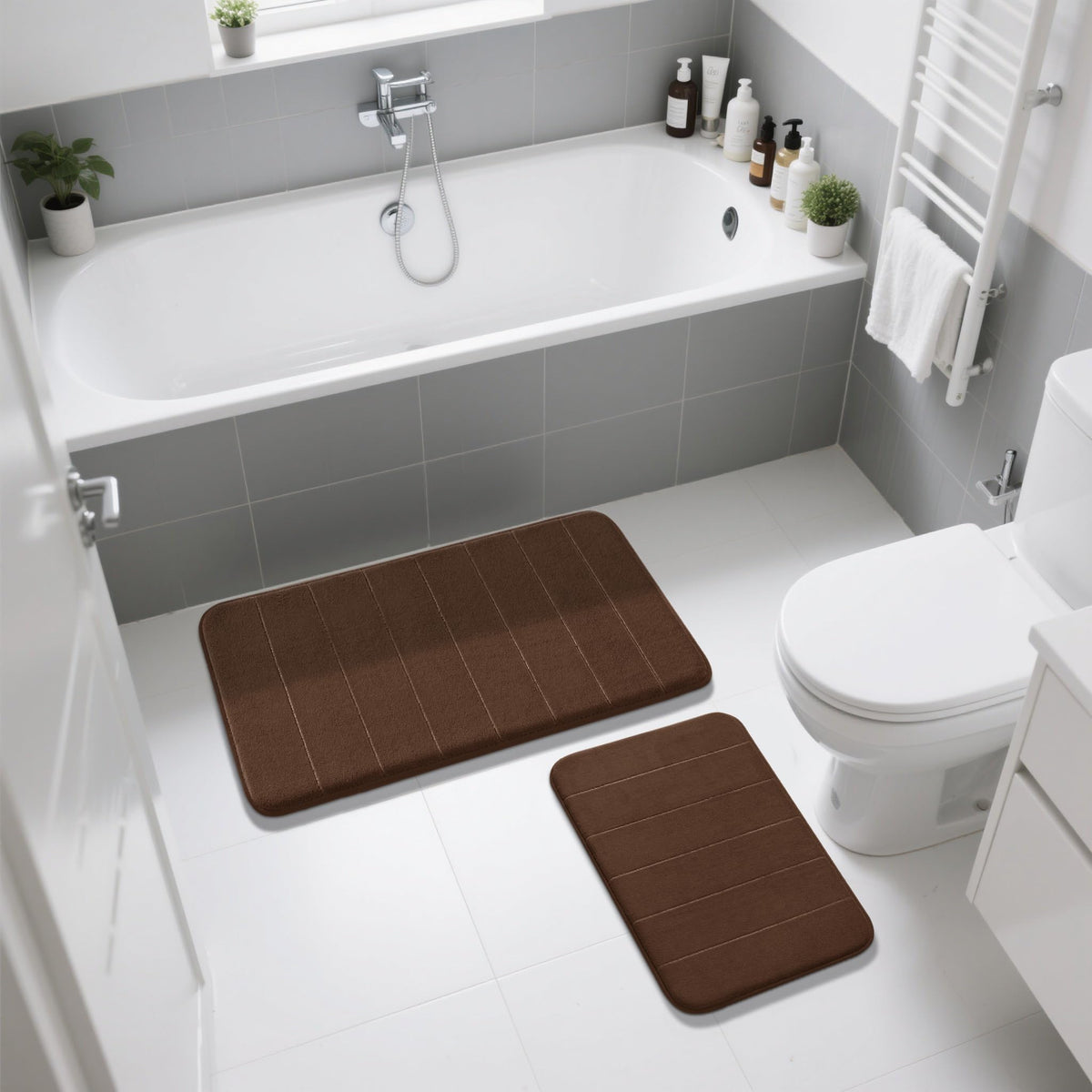 Yimobra memory foam bath rug set by tub and shower area.