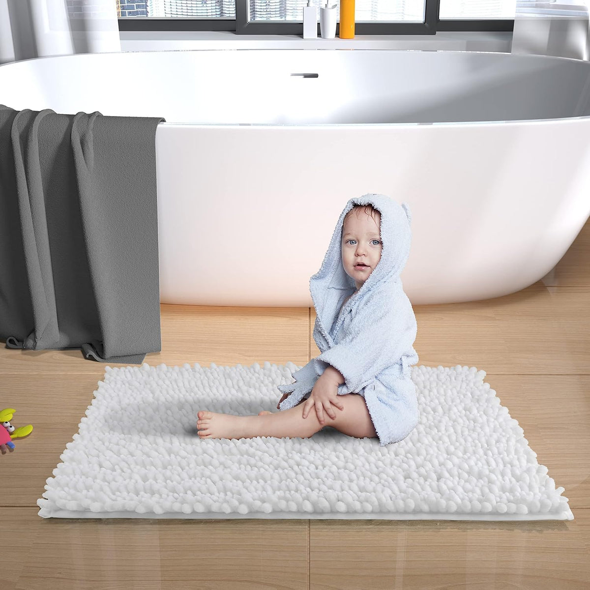 Yimobra multi-color bath mat in bathroom shows versatile style options.