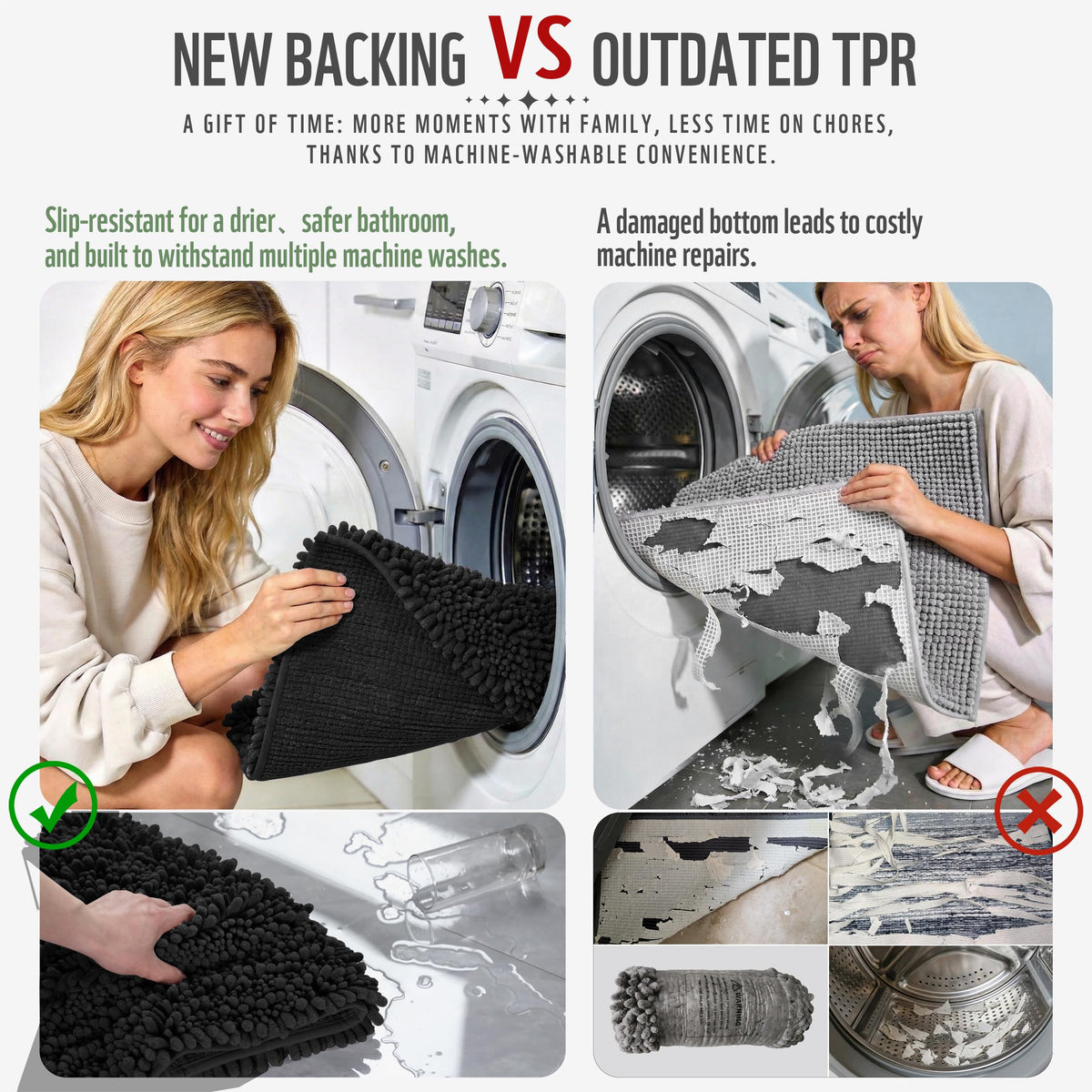 Yimobra non-slip backing on a dry floor highlights secure grip