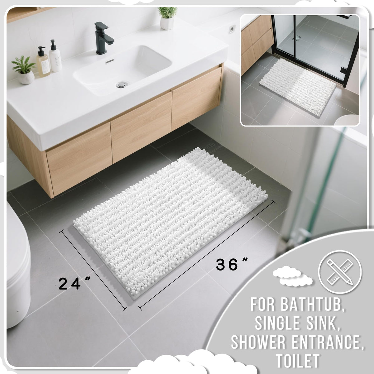 Yimobra non-slip backing detail demonstrating secure grip on dry bathroom floor.