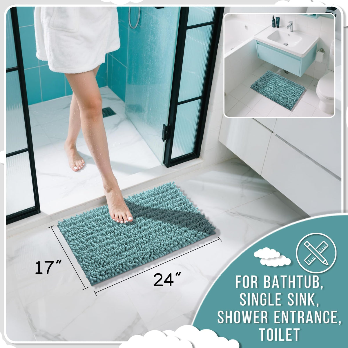 Yimobra non-slip bath mat with chenille fibers prevents slips on wet floors.