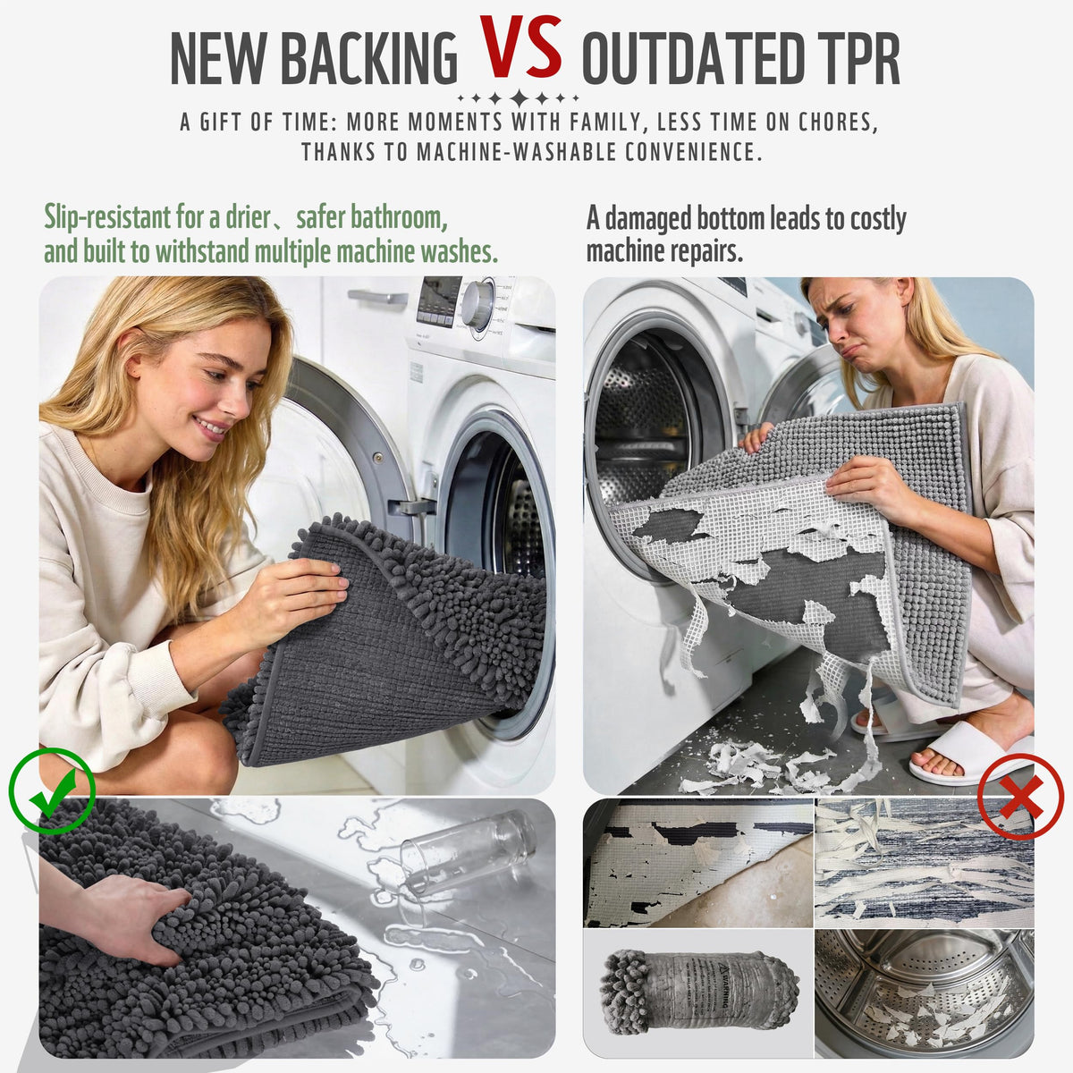 Yimobra non-slip hot-melt back bath rug grips dry floors securely.