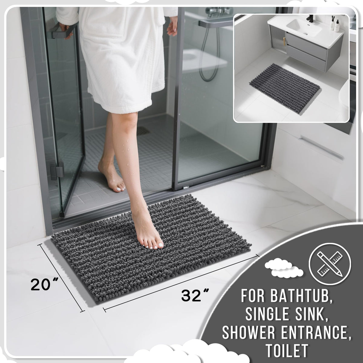 Yimobra rapid absorption chenille bath mat demonstrates fast water uptake.