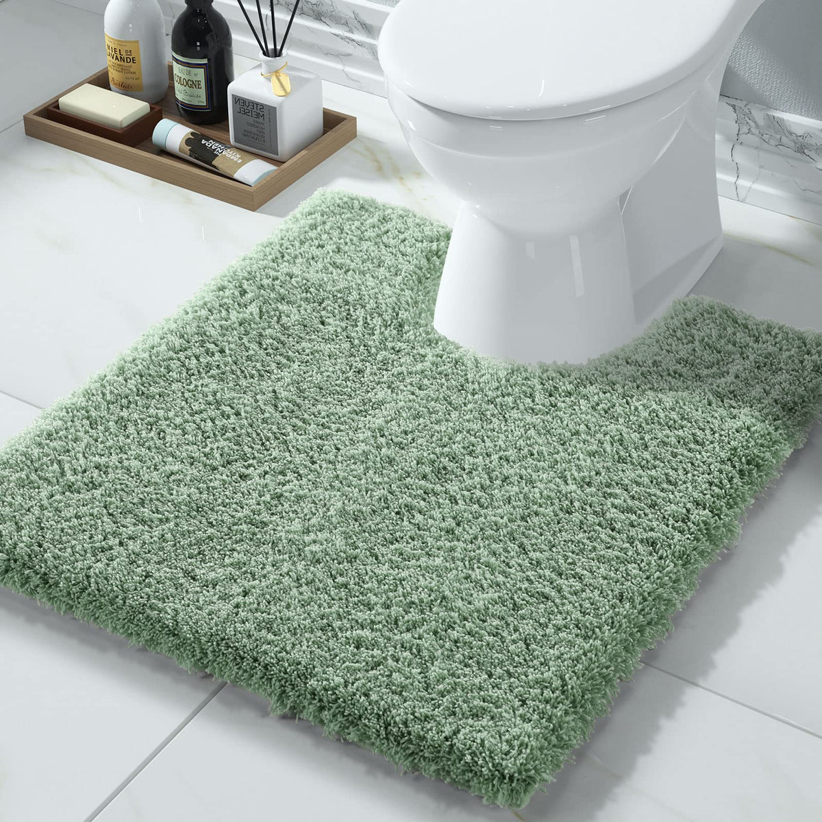 Yimobra U Shaped Toilet Bath Rug top view highlights plush texture for daily comfort.