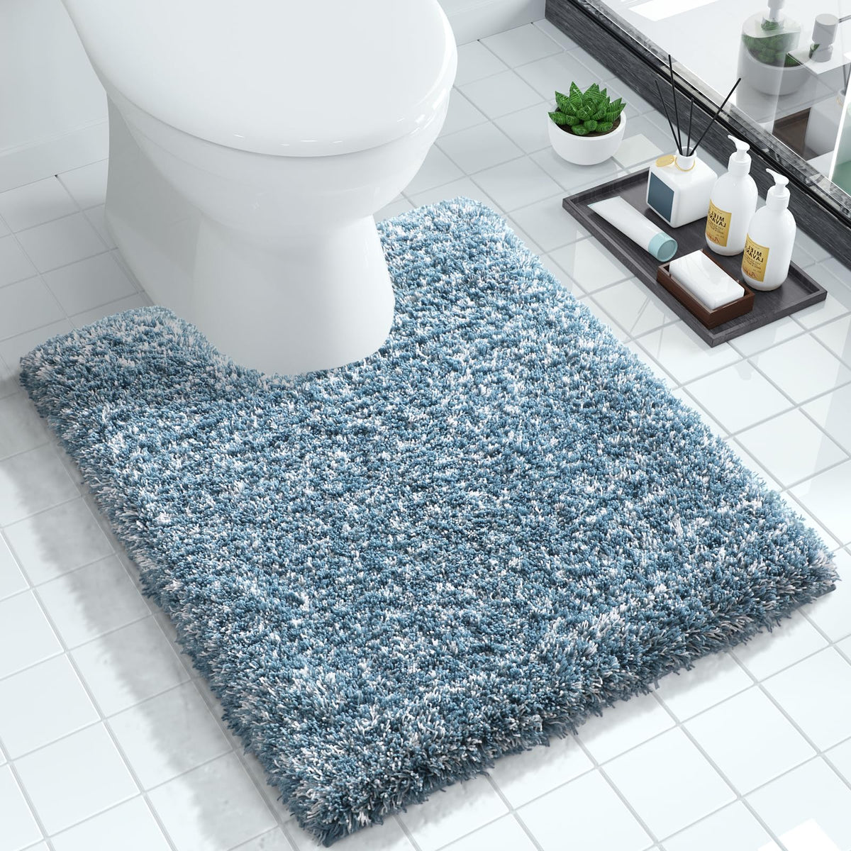 Yimobra U-shaped toilet rug in denim blue offers plush comfort and a secure fit.