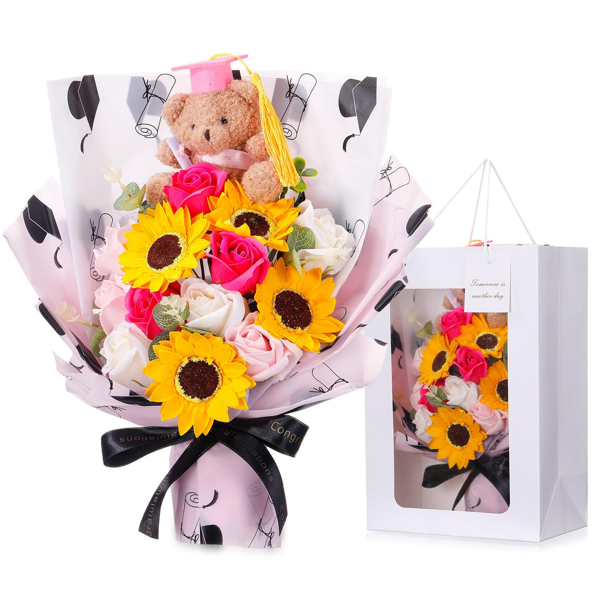 Yinder Class of 2026 graduation bear bouquet with roses and sunflowers for lasting keepsake