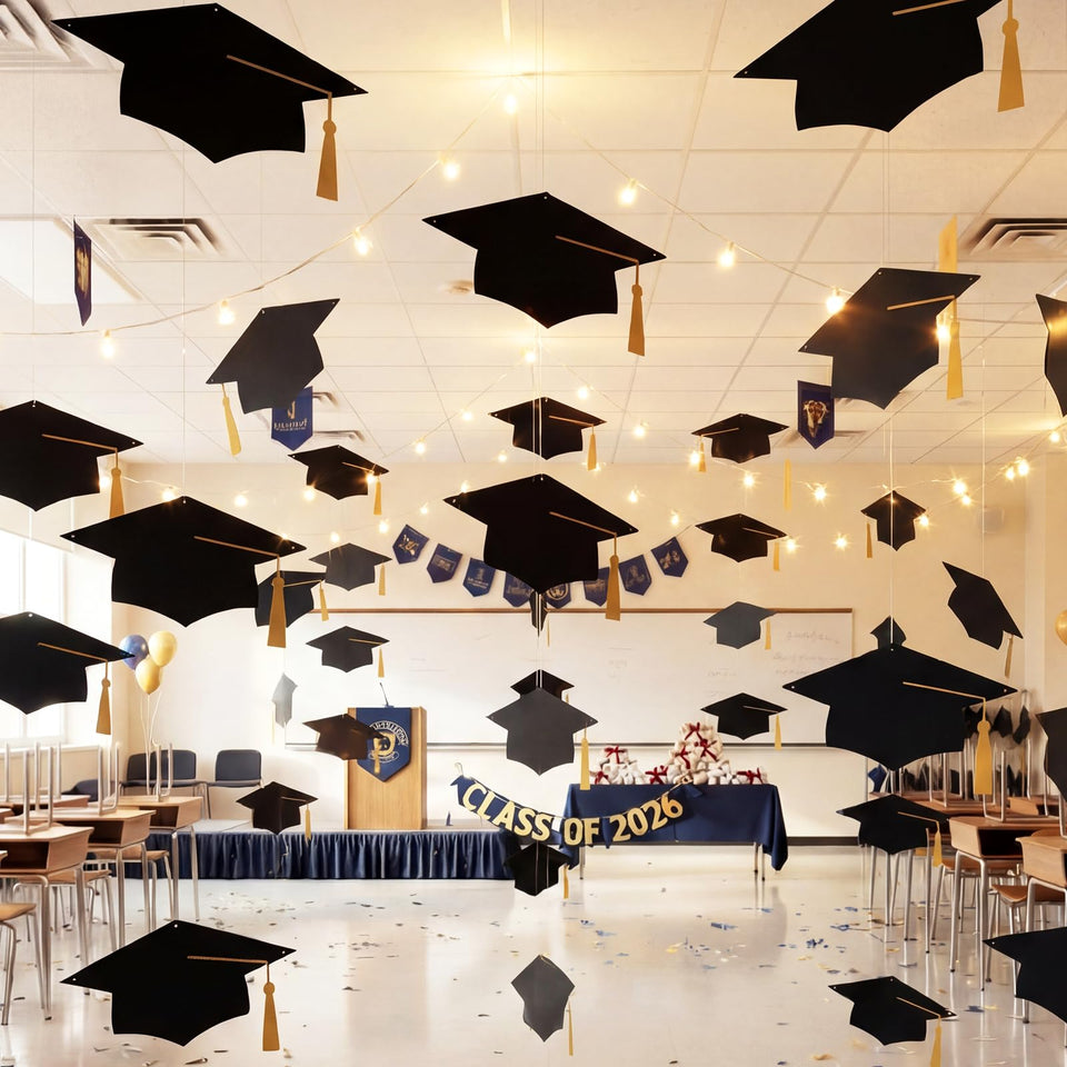 Yinder graduation hat decor set displayed for photo backdrops and party ambiance