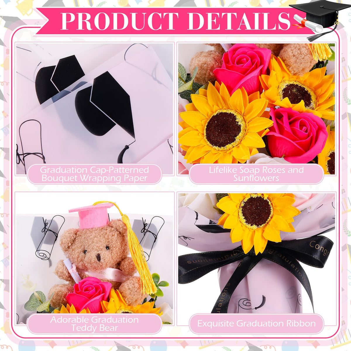Yinder pink soap rose bouquet with sunflowers and gift set ready for gifting