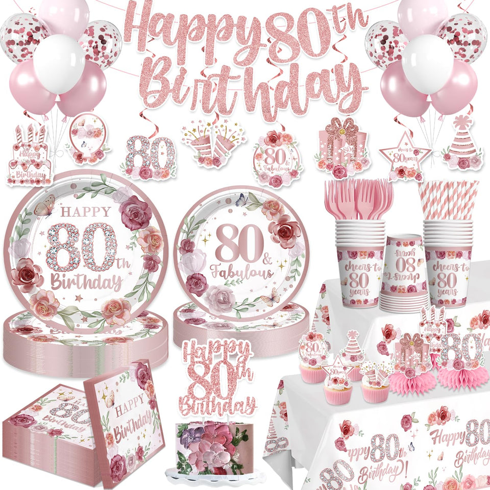 Yingoto 80th banner pre-strung in rose gold creates a festive milestone backdrop.