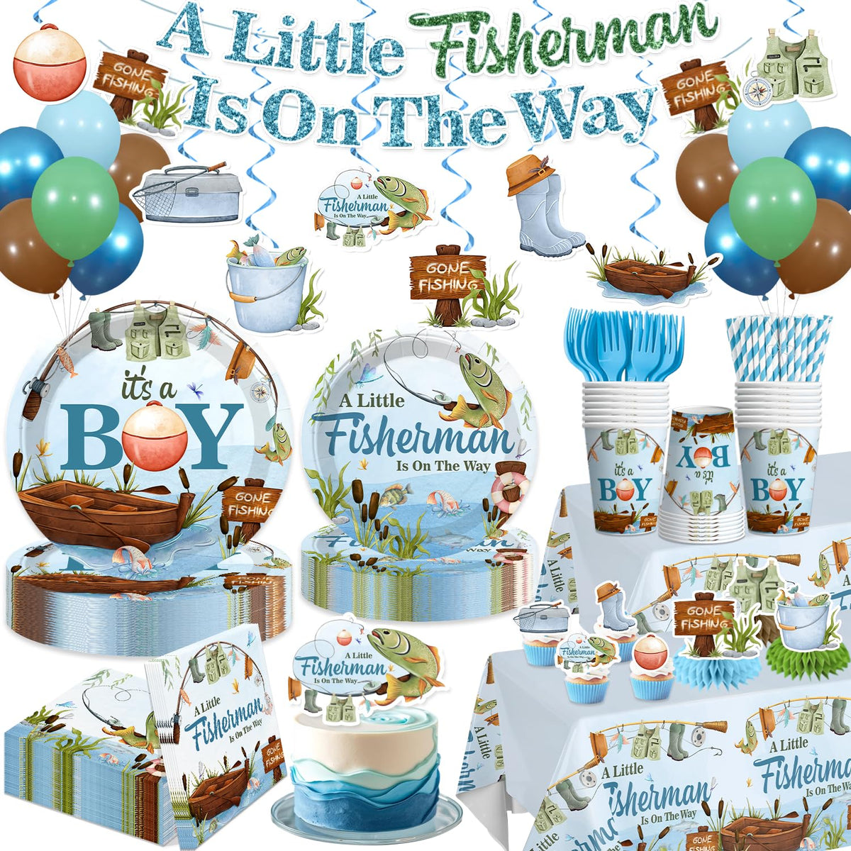 Yingoto little-fisherman-banner sets a playful boy-themed baby shower mood.