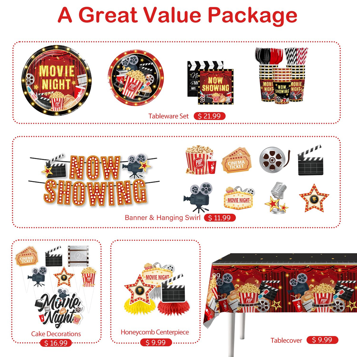 Yingoto movie night centerpieces serve as table focal points