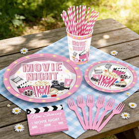 Yingoto pink centerpieces elevate tables with coordinated movie night charm