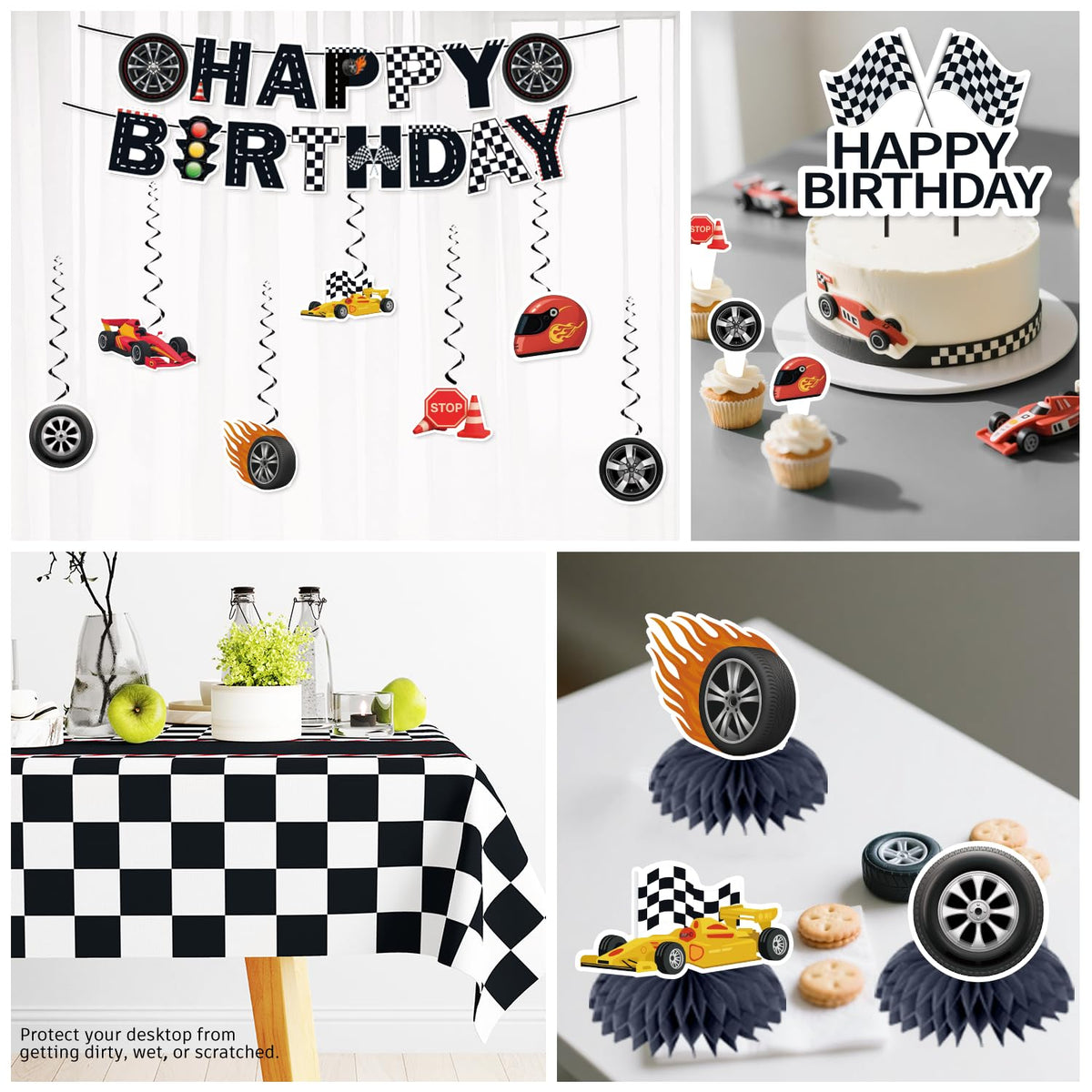 Yingoto race car tablecloth protects surfaces while styling the party
