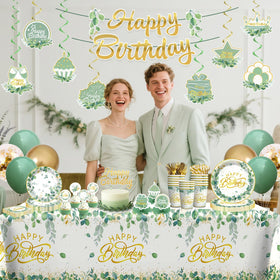 Yingoto sage green balloons and honeycomb centerpiece elevate the party glow