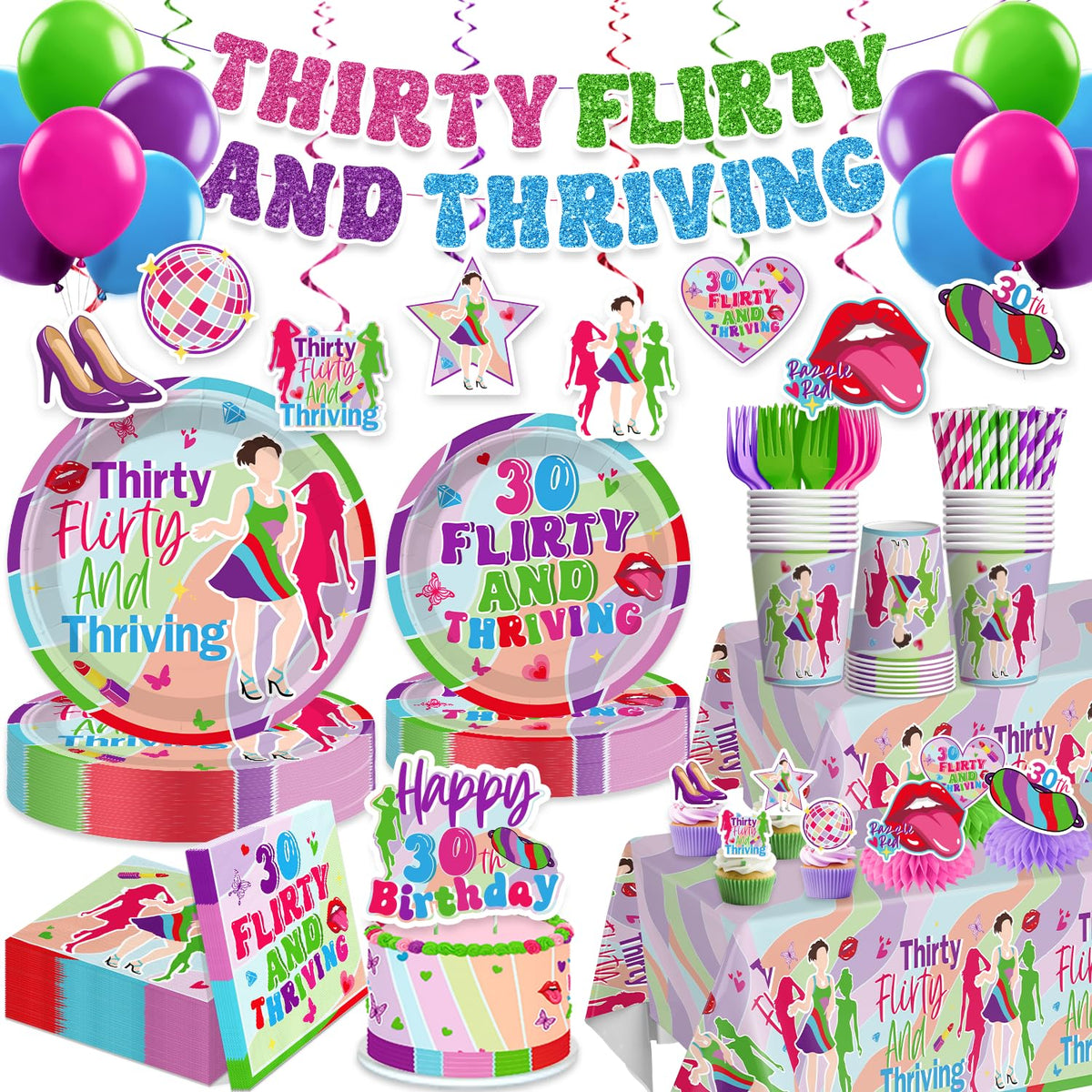 Yingoto thirty flirty banner decor enhances party ambiance.