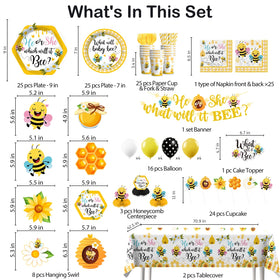 Yingoto Bee gender reveal tableware set featuring durable plates and napkins for 25 guests