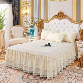 YingXue double lace bed skirt on full bed with 17-inch drop conceals box spring.