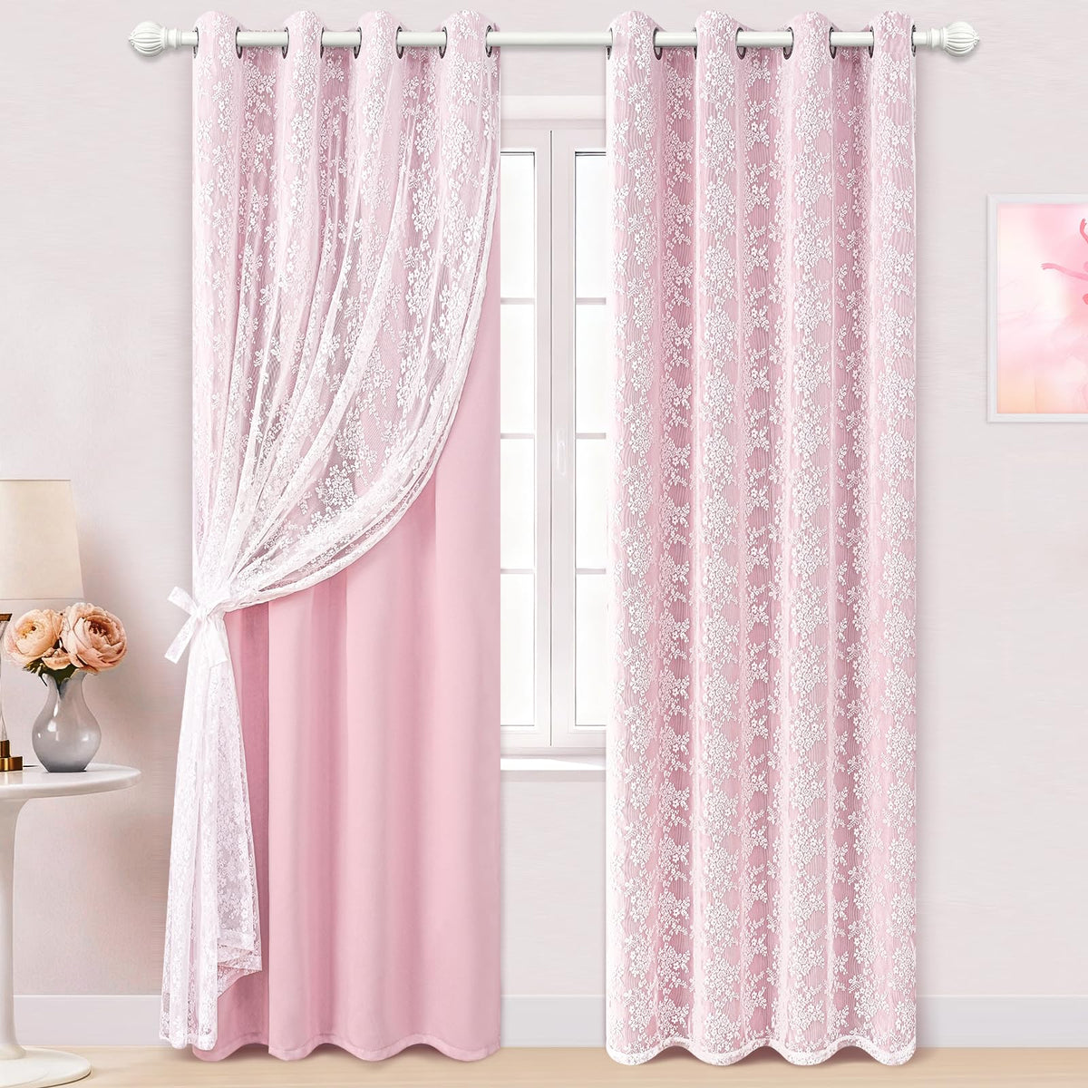 Yinhua pink curtains with double layer and sheer overlay softening daylight