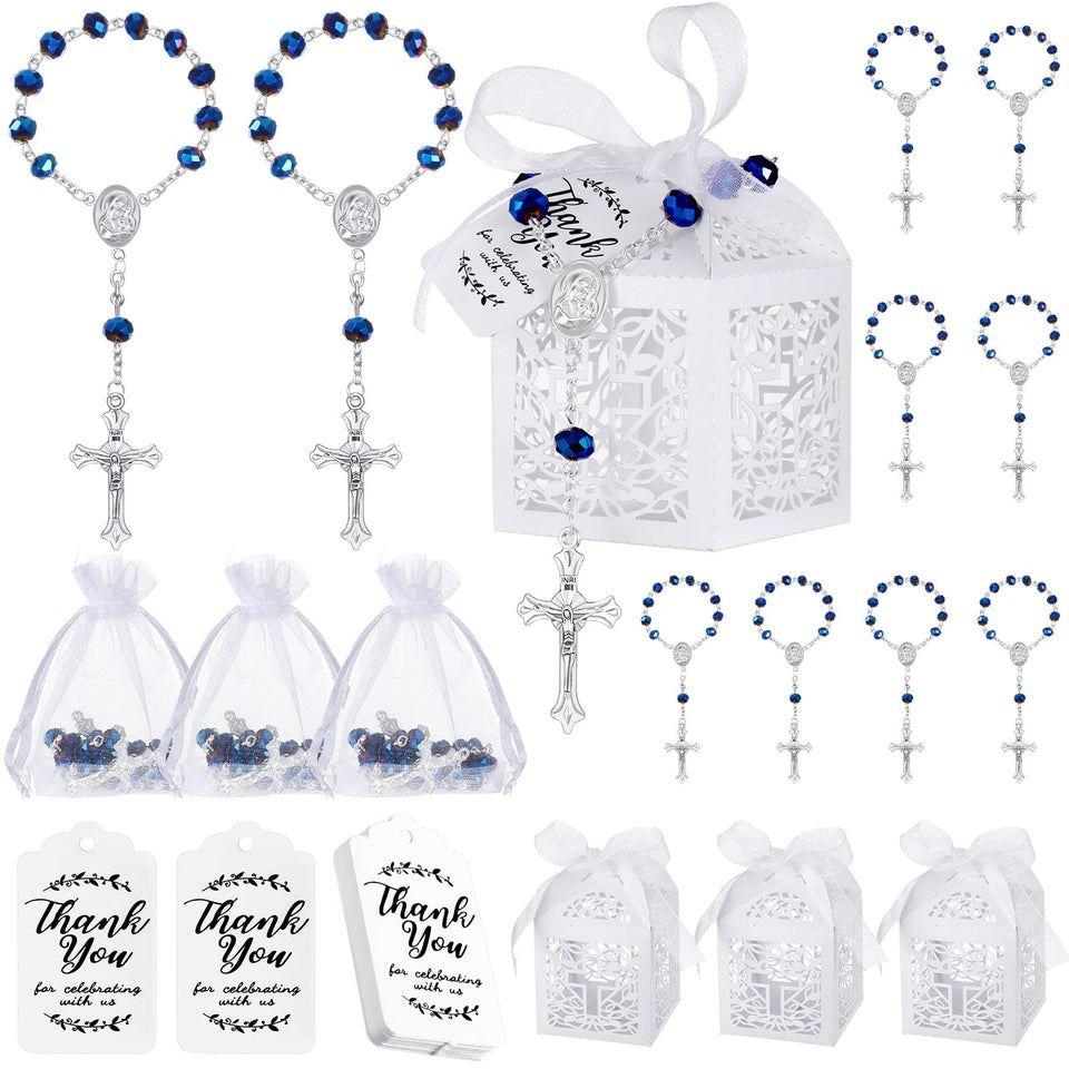 Yinkin baptism rosary with blue beads and cross pendant for keepsakes