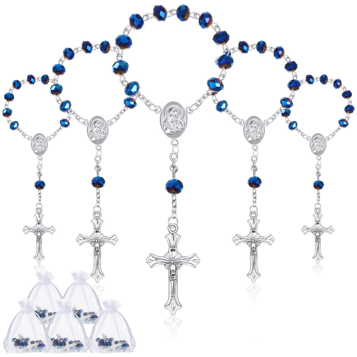 Yinkin baptism rosary with blue beads and silver pendant for elegant ceremony favors