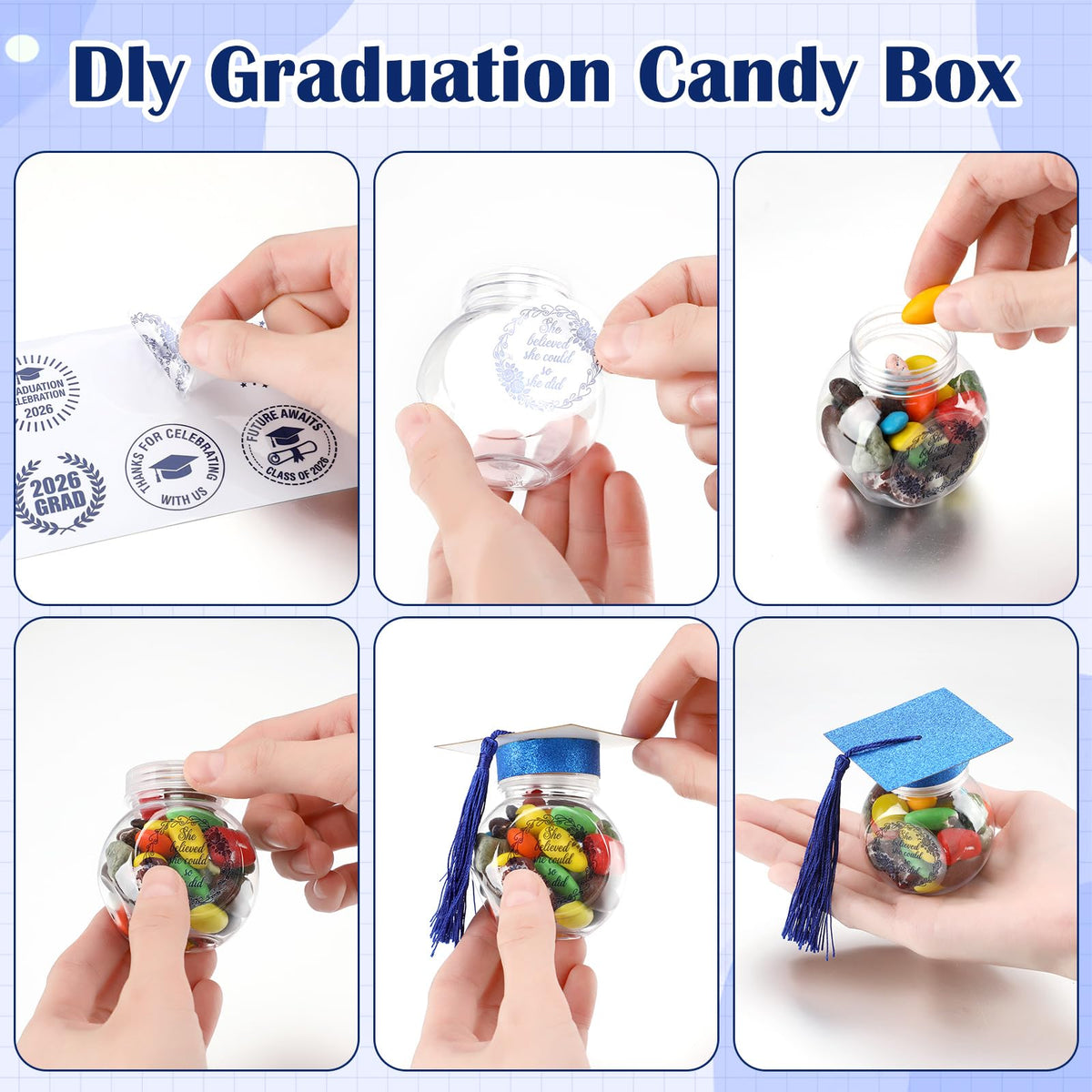 Blue grad cap jar close-up highlighting sturdy plastic and polished paper cap.