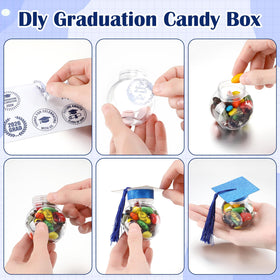 Blue grad cap jar close-up highlighting sturdy plastic and polished paper cap.