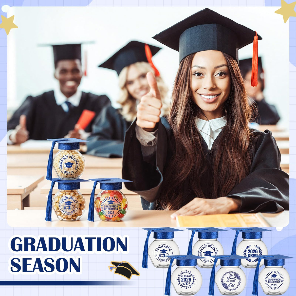 Party-ready table styling with blue jars and tassels for 2026 graduates.
