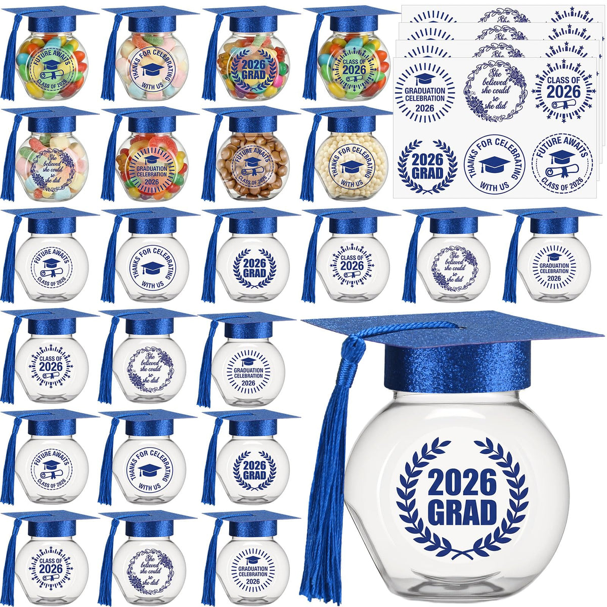 Yinkin blue graduation cap candy jar set for 2026 celebrations, perfect for party favors.
