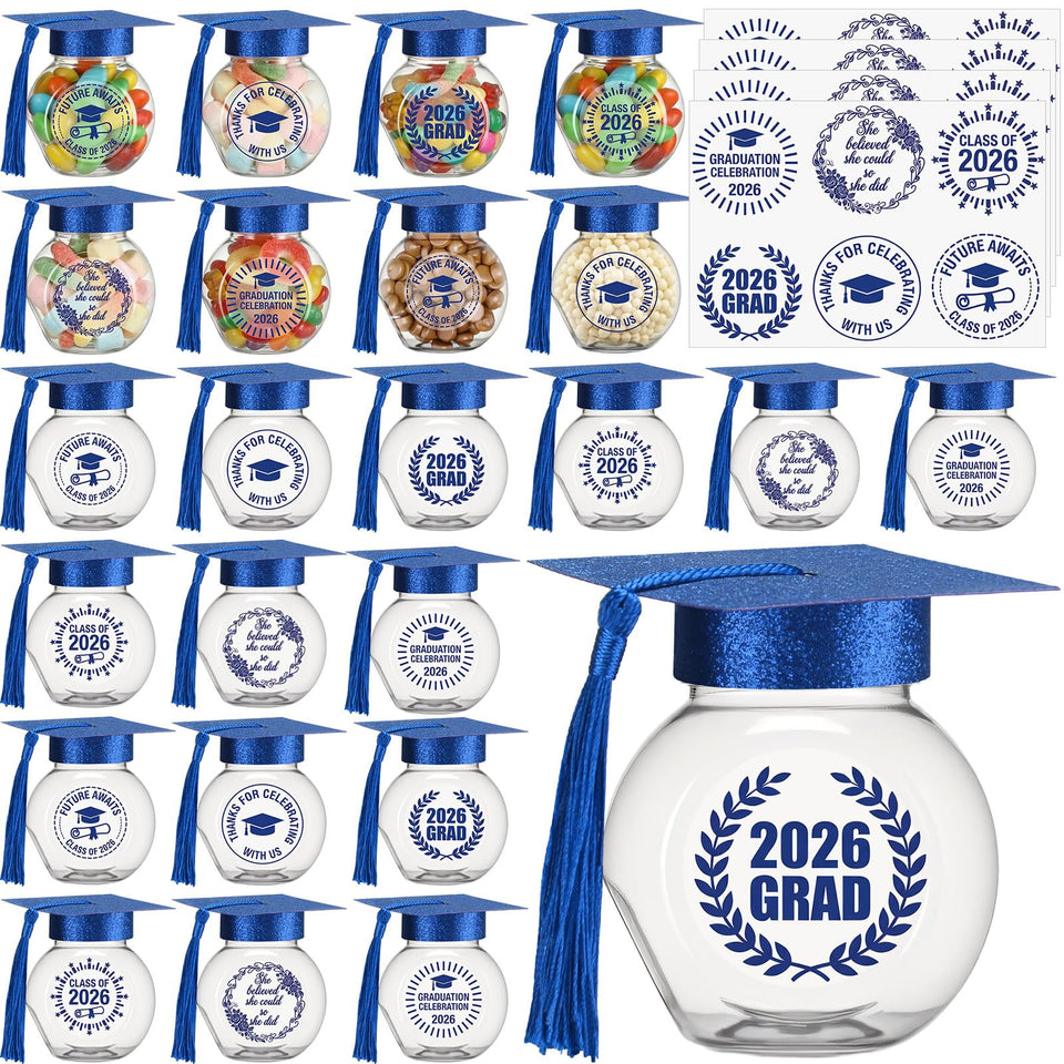 Yinkin blue graduation cap candy jar set for 2026 celebrations, perfect for party favors.
