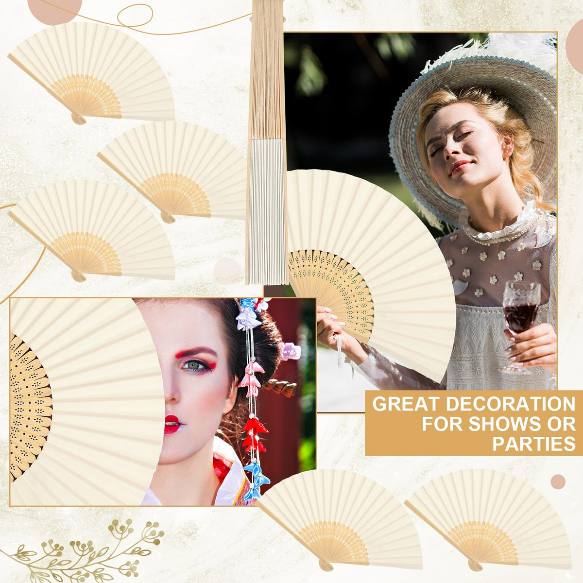 Yinkin cream folding fans used as party decor accents