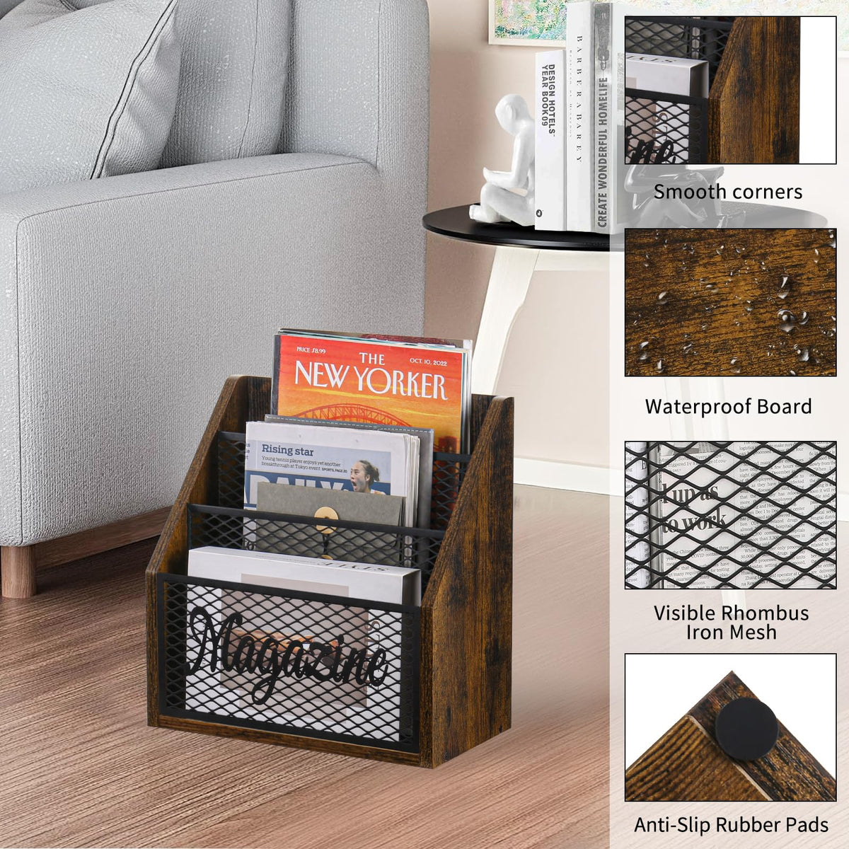 YINMIT stepped compartments organize magazines by size for quick access.