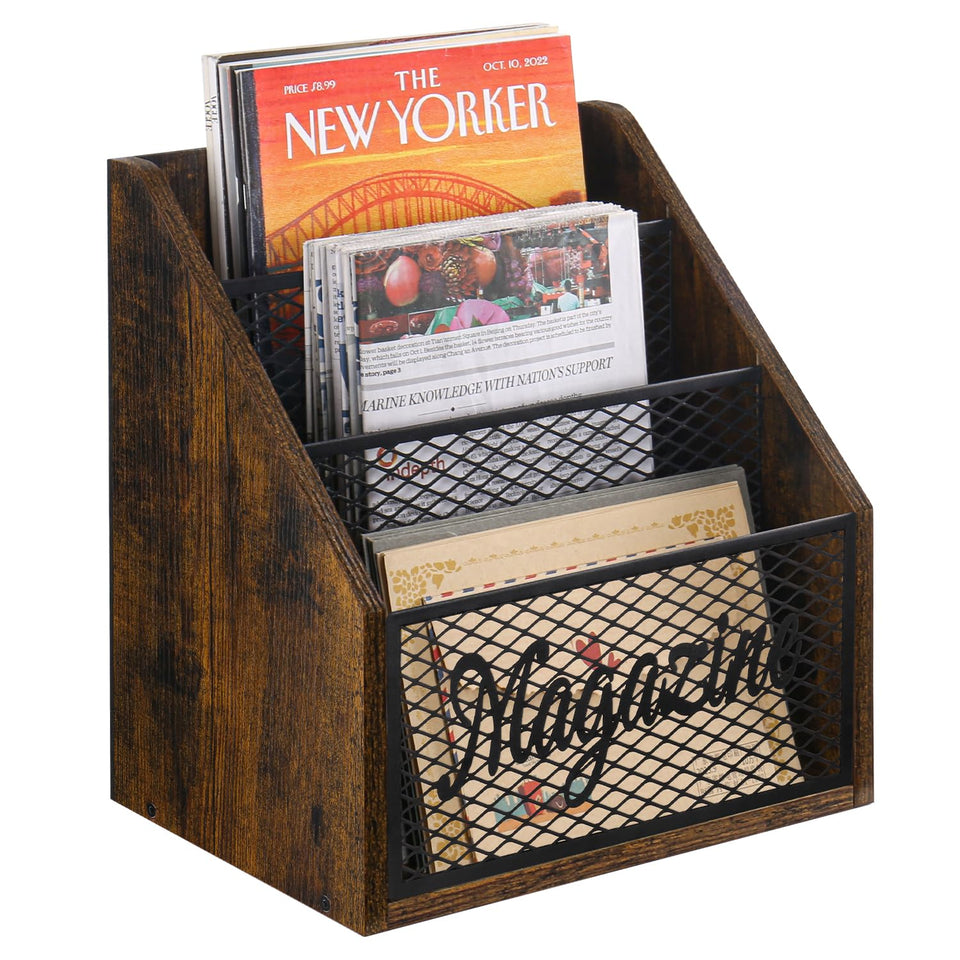 YINMIT stepped rack with three tiers for easy magazine organization.