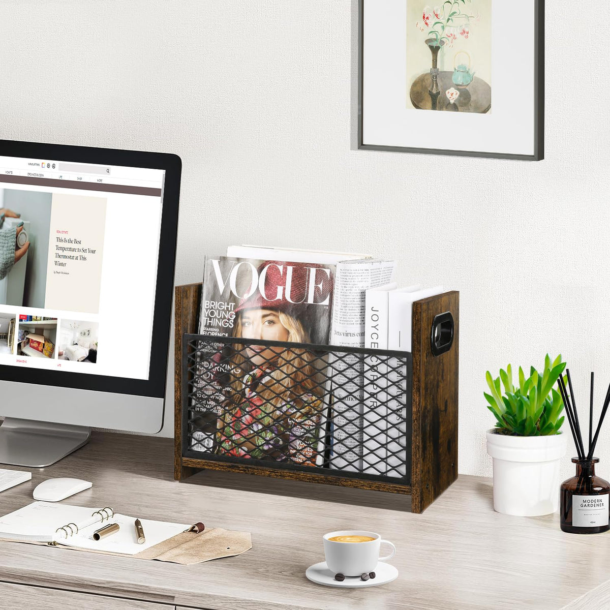 YINMIT magazine rack on the floor with a non-slip base for stability
