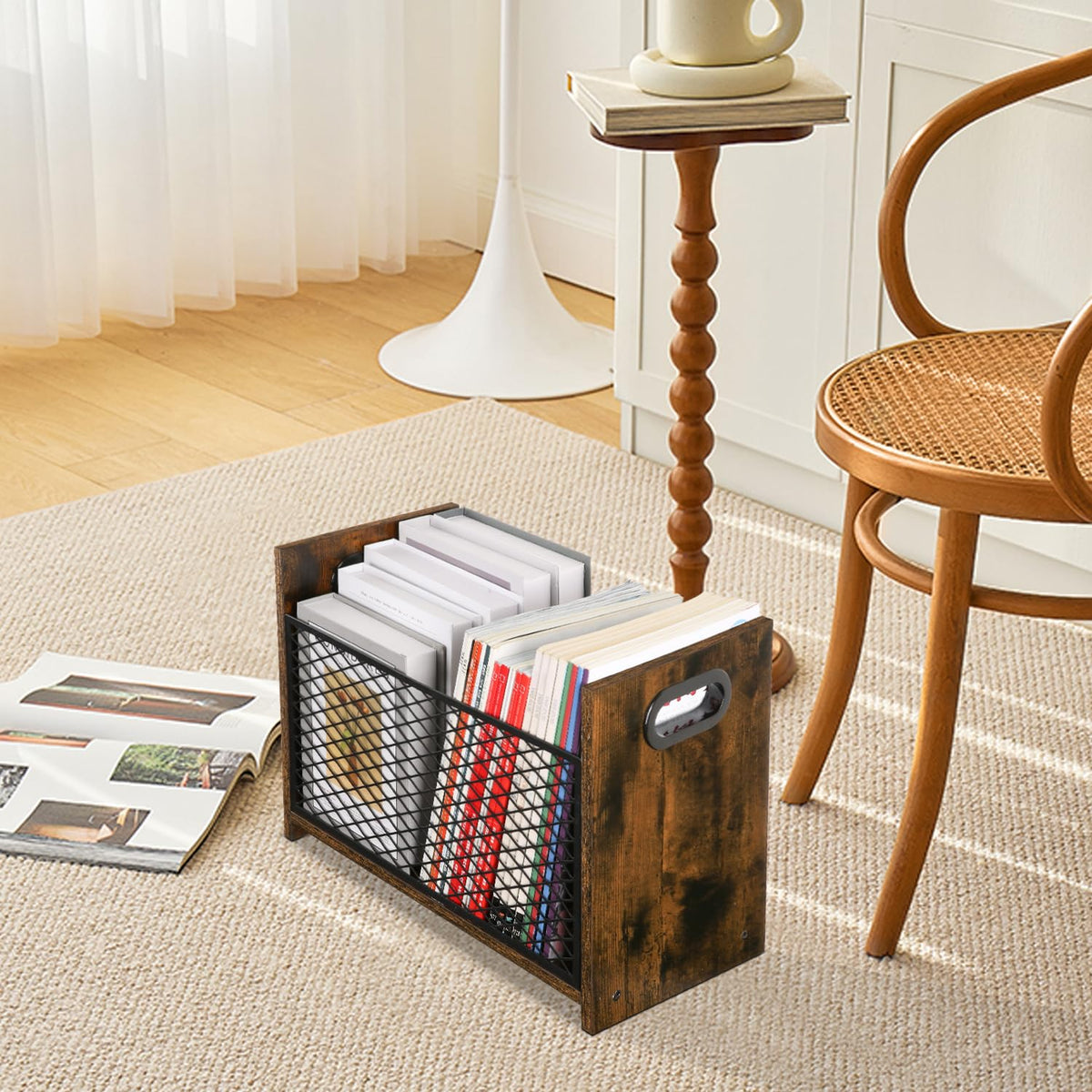YINMIT magazine rack on the floor keeps tall magazines stable