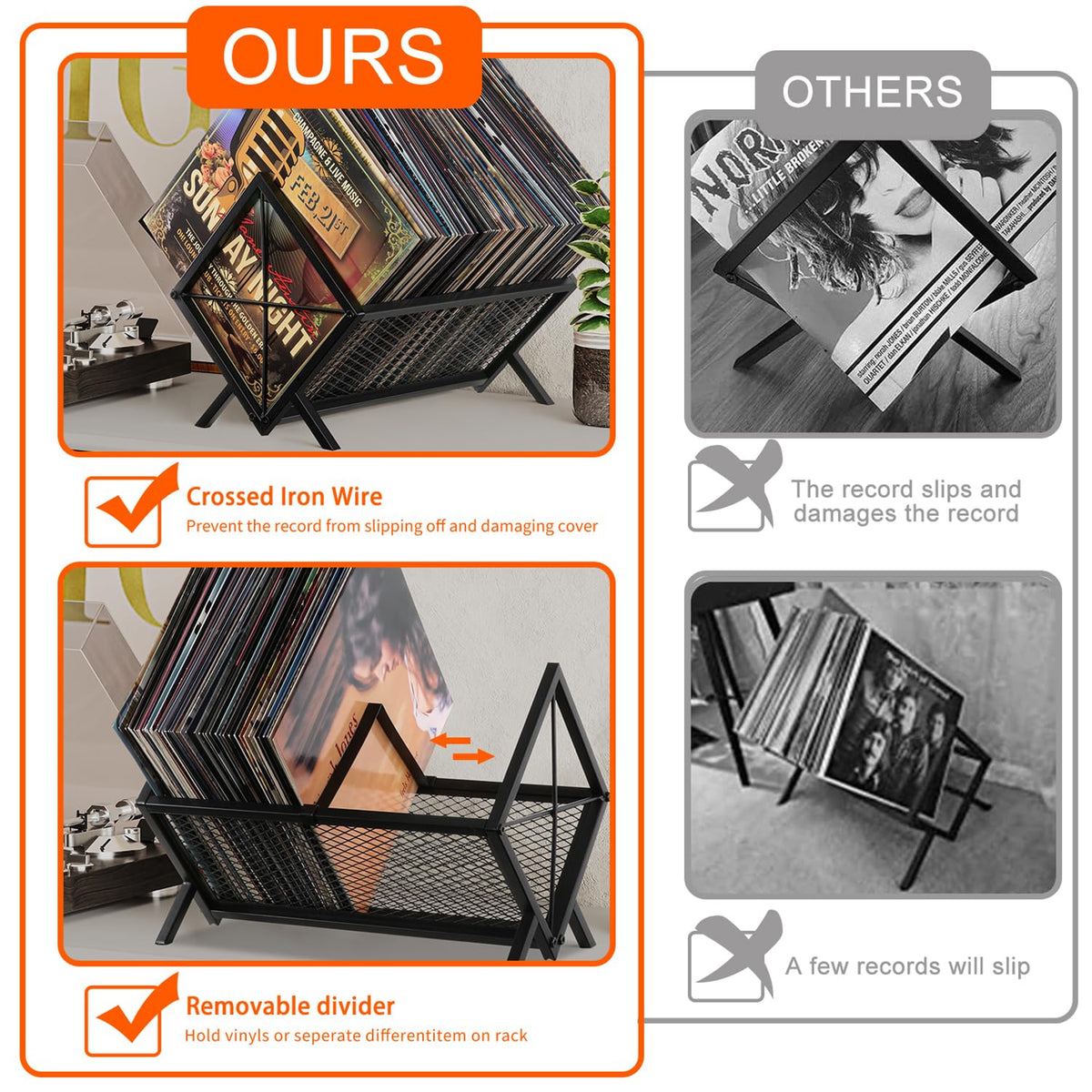Movable support rods prevent tipping for safer storage of records.