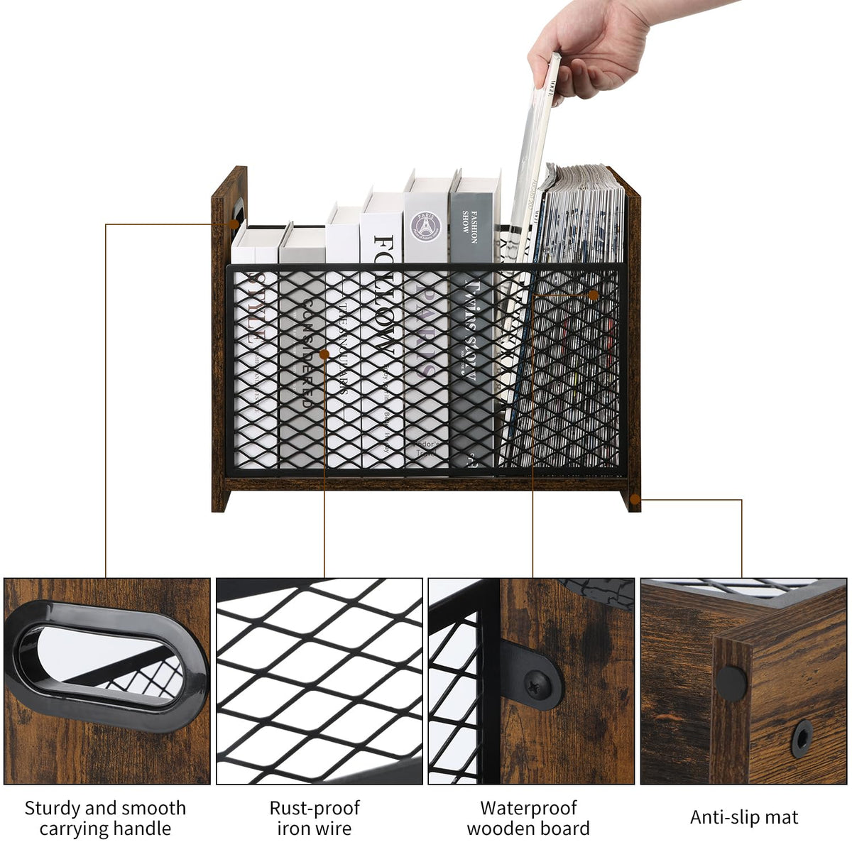 YINMIT rustic magazine rack features a stable base for safety