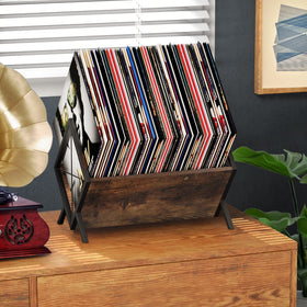 YINMIT vinyl record holder rustic brown finish adds retro charm