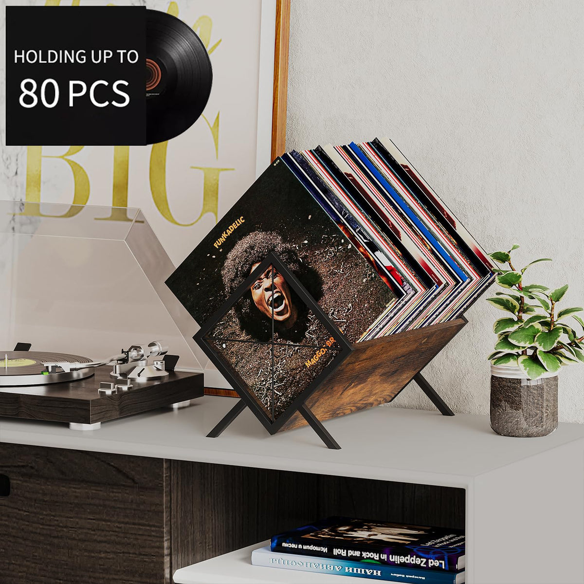 YINMIT vinyl record holder side view highlights sturdy rustic frame