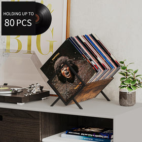 YINMIT vinyl record holder side view highlights sturdy rustic frame