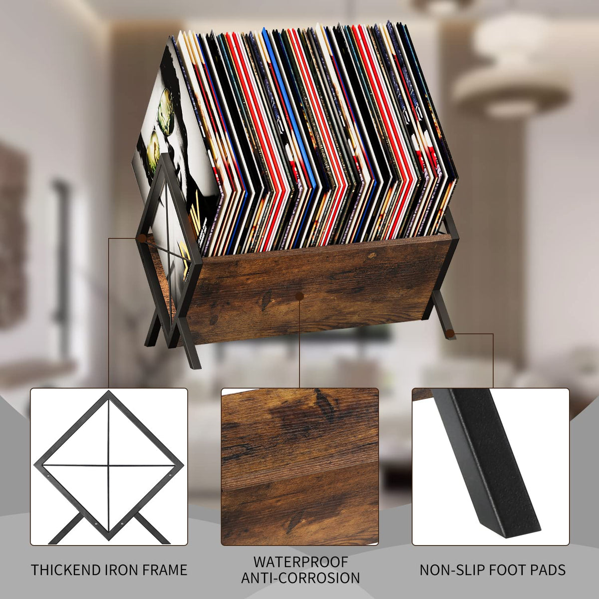YINMIT vinyl record holder top view reveals generous storage area